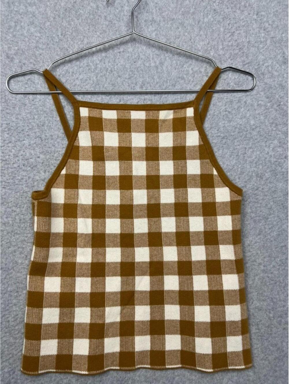 Madewell Gingham Apron Sweater Tank Antique Gold Checker Knit Quiet Luxury S EUC